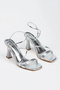 Women's Silver Metallic Butterfly Buckle Detailed Ankle Adjustable Goblet Heeled Shoes - 4
