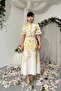 Yellow Floral Print Button Detail Belted Premium Design Linen Dress - 4