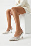 White Mesh Embroidery and Bead Detailed Pointed Toe Women's Heeled Bridal Shoes