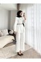 Women's Flounced Shoulder Hidden Button Waist Belted Shirt - White - 4