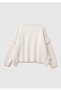 Women's cream wool blend ribbed detailed crew neck sweater - 4