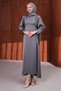 Gray Satin Evening Dress with Cufflinks and Belt at Waist - 3