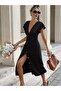 Women's Black Wrinkled Midi Dress - V-Neck Buttoned Front Bell Sleeves - 5