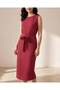 Women Red Textured Belted Midi Dress - 5