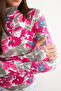 Women's Gray Pink Floral Patterned Body Suit with Finger Detail - 3