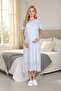 New Season Blue Short Sleeve Buttoned Design Scallop Linen Summer 100% Cotton Maternity Nightgown - 3