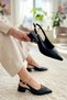 Costa Black Wrinkled Patent Leather Side Buckle (4 cm Heel Length) Pointed Toe Heeled Ballerina Shoes