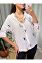 Women's White Miniature Character Embroidered Long Sleeve Buttoned Cotton Linen Shirt - 6
