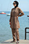 2-Piece Set (with Bonnet Gift) Elastic Waist High Collar Burkini Quick Drying Hijab Swimsuit Mink - 2