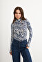 Women's Indigo Short Wave Patterned Body Suit with Finger Detail - 4