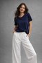 Women's Navy Blue Side Slit Short Sleeve Crew Neck T-Shirt - 2