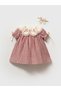 Baby Girl Vintage Embroidered Collar Bow Buckled Dress - Burgundy Color - 2