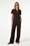 Women's Nola Modal Touch Zippered Polo Collar Waist Elastic Pocketed Brown Top and Bottom Set