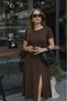 Women's Short Sleeve Crew Neck Deep Slit Detail Viscose Dress - 2