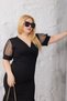 Women's Black Double-Breasted Dress with Tulle Detail on Sleeves and Hem, Stretchy Plus Size Dress - 5