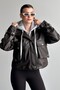 Women's Hooded Brown Leather Jacket Oversized Crop Hoodie Detailed Sleeves with Belt - 2