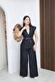 Navy Blue Satin Belted Lycra Denim Vest and Trousers Set - Wide Fit