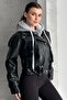 Women's Hooded Black Leather Jacket Oversized Crop Hoodie Detailed Sleeves with Belt - 4