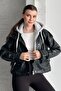 Women's Hooded Black Leather Jacket Oversized Crop Hoodie Detailed Sleeves with Belt - 3
