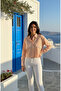 Women's Cuffed Pocket and Collared Paneled Striped Cotton Linen Cropped Shirt - 5