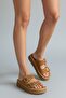 Women's Tan Leather Look Suede Double Buckle High Sole Slippers Comfortable Thick Orthopedic Sole Sandals - 8