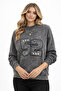 Anthracite Gray Washed Crew Neck Printed Women's Sweatshirt