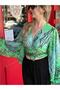Green Color Spanish Sleeve Gold Detailed Drop Patterned Silk Blouse - 6