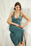 Women'S, Green, Chest and Back Decollete, Embroidered Lace, Slit Nightgown - 4