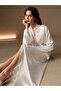 Women's Dressing Gown Double Breasted Collar and Sleeve Lace Detailed Long Plain and Elegant Dressing Gown