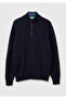 Men's navy blue wool blend stand collar half zip knitwear with elbow patches - 2