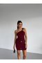 Women's Burgundy One-Shoulder Sandy Mini Dress with Gold Accessories Hzl26W-Fry123781