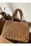 Light Brown, Hand Knitted Paper String Bag, Gift Diary Shoulder Bag with Strap, Lined, with Pockets, Snap Fasteners