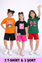 Girls' 3-Piece Set Cute Girl and Teddy Bear Printed Summer Cotton T-Shirt Shorts Bottom-Top Set