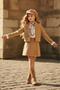Girl's Crystal Stone Buttoned Chiffon Shirt Floral Pattern Embroidered Jacket Suede Tan Skirt Set - 4