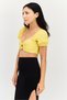 Women Queen Anne Neck Puffer Sleeve Textured Crop Top, Yellow - 2
