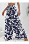 Navy Blue Floral Print Wide Leg Trousers - 4