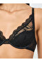 Black Solid Lace Patchwork Padded Wired Bra - 3