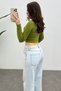 Women's Oil Green Crew Neck Long Sleeve Crop Blouse - 7