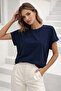 Women's Navy Blue Cotton Double Sleeve Detailed Comfortable Fit T-Shirt - 5