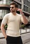 Stone Color V-Neck Short Sleeve Knitwear Men's T-Shirt E7467 - 3