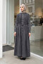 Ribbed Detailed Buttoned Lace-Up Long Denim Dress - Smoked - 2