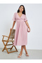 Pink Printed Short Sleeves A-Line Midi Dress