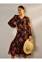 Black Floral Print Balloon Sleeve Midi Dress