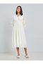 White Tie-Up Waist Lace Neckline Midi Dress - 3