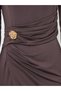 Women's Solid Round Neck Long Sleeve Mental Buckle Decor Ruching Detail Maxi Dress - 4