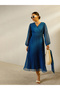 Blue Balloon Sleeve Pleated Midi Dress - 2