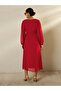 Red Balloon Sleeve Pleated Midi Dress - 5