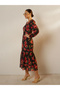 Black Floral Print Balloon Sleeve Midi Dress - 3