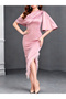 Pink One Shoulder Cape Sleeve Midi Dress with Feather Hem - 2