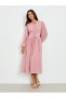 Pink Tie-Up Waist V Neck Midi Dress - 2